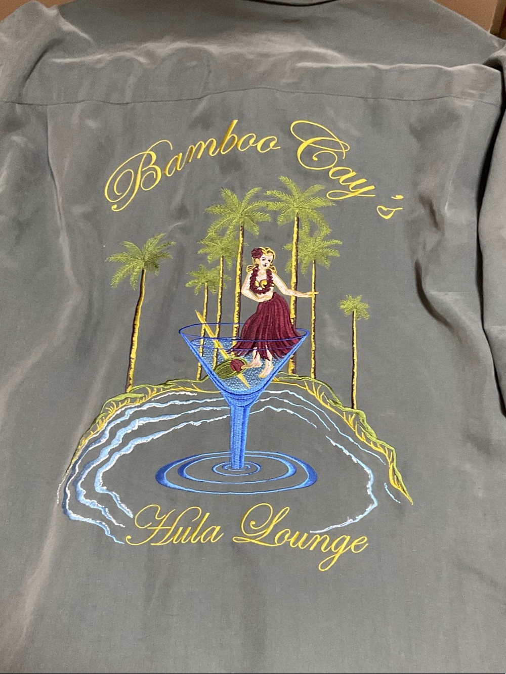 Men’s Casual Slate Green Dress Shirt Hula Girl embroidered in back.